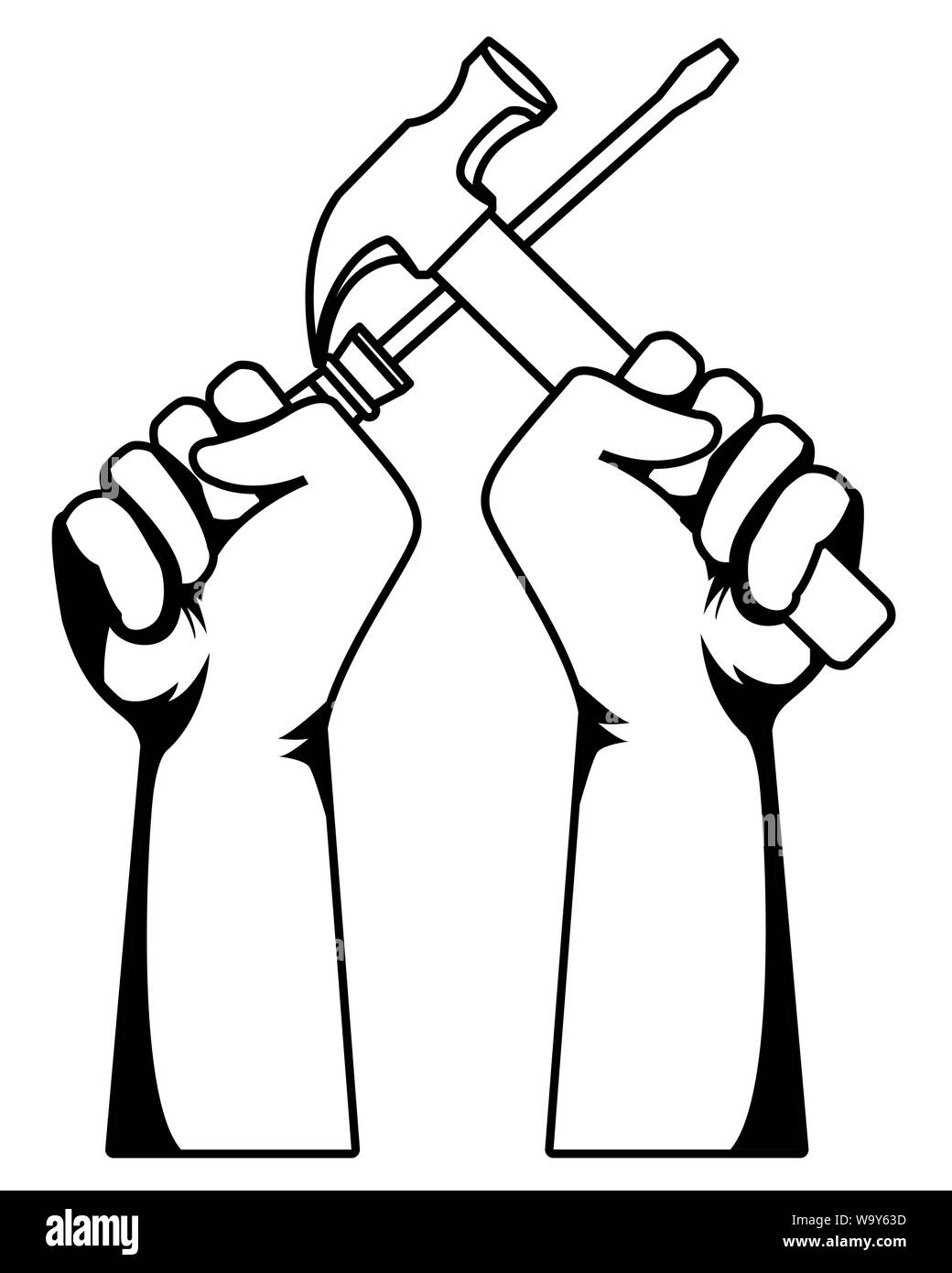 Construction workers hands holding tools in black and white Stock