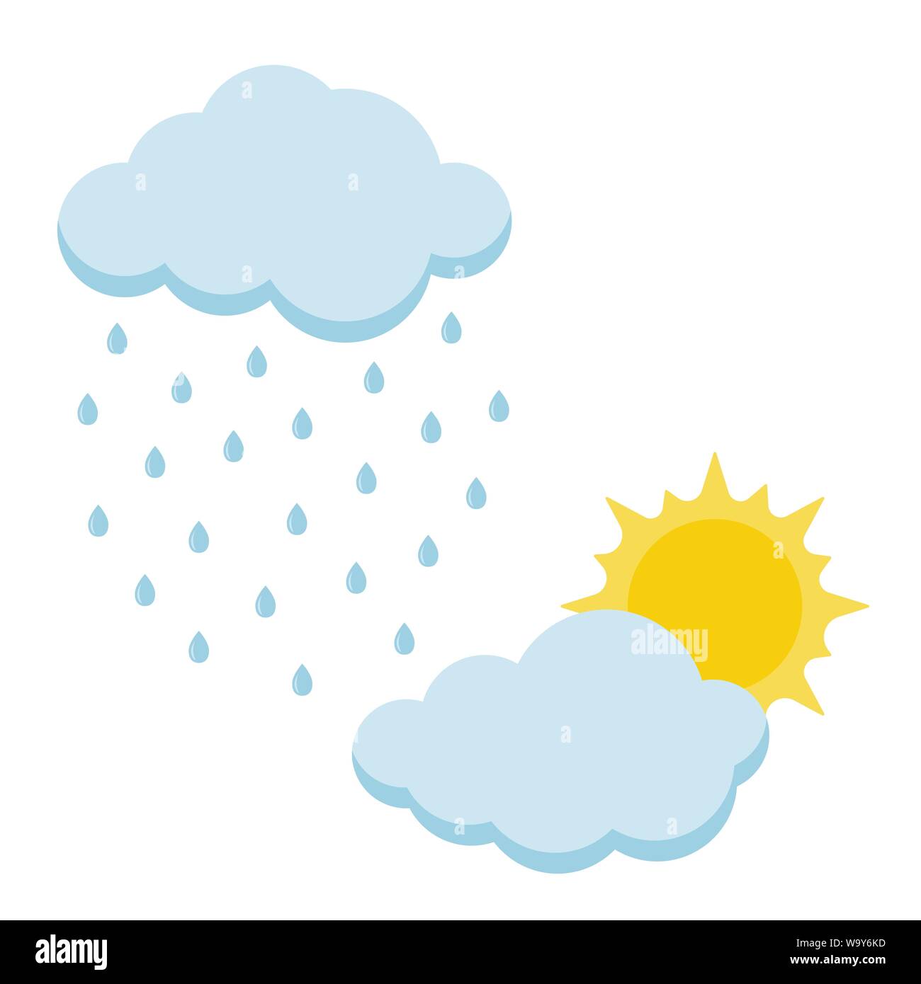 Set of cartoon style icon sun and rain with cloud isolated on white ...
