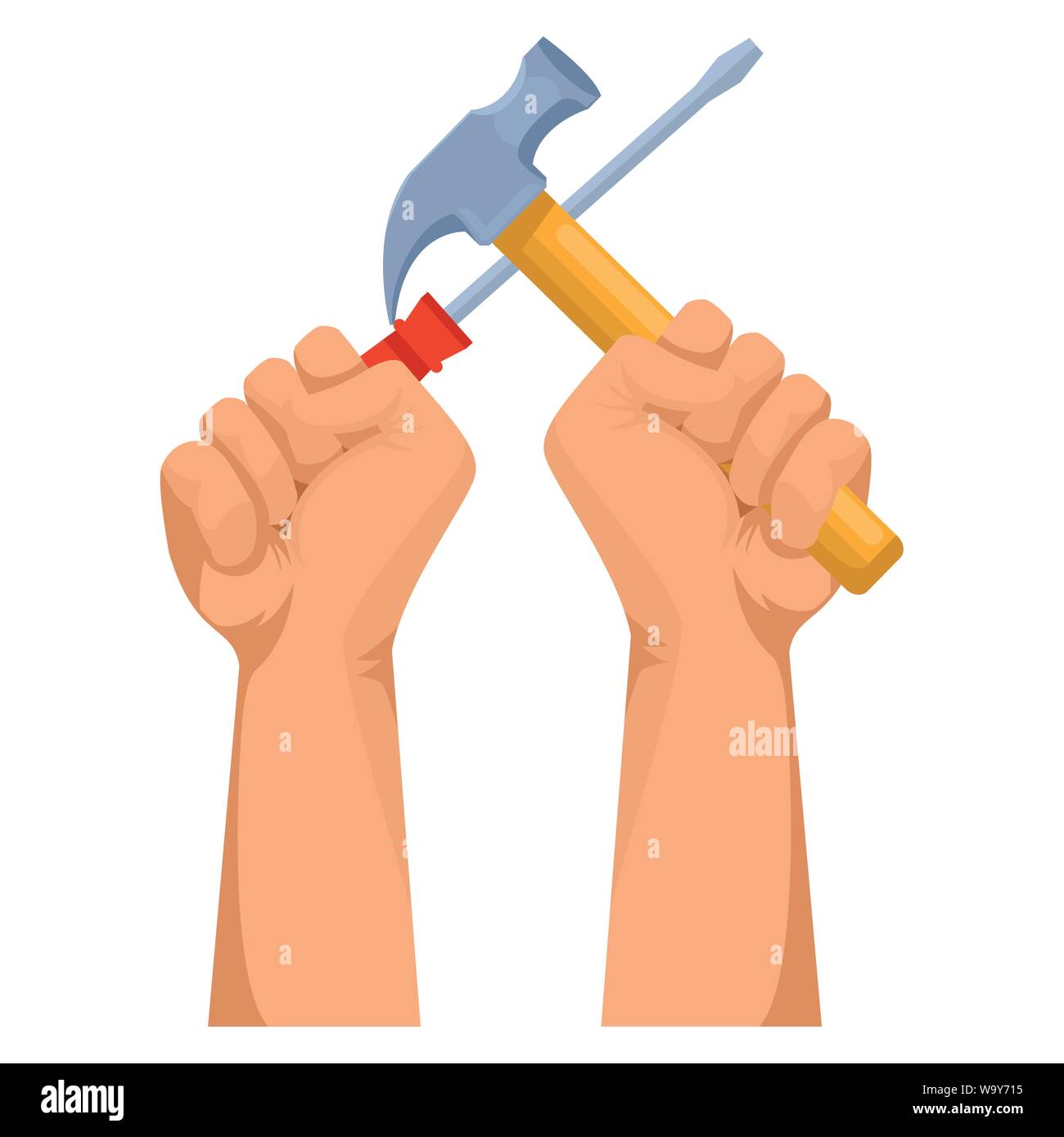 Construction workers hands holding tools Stock Vector