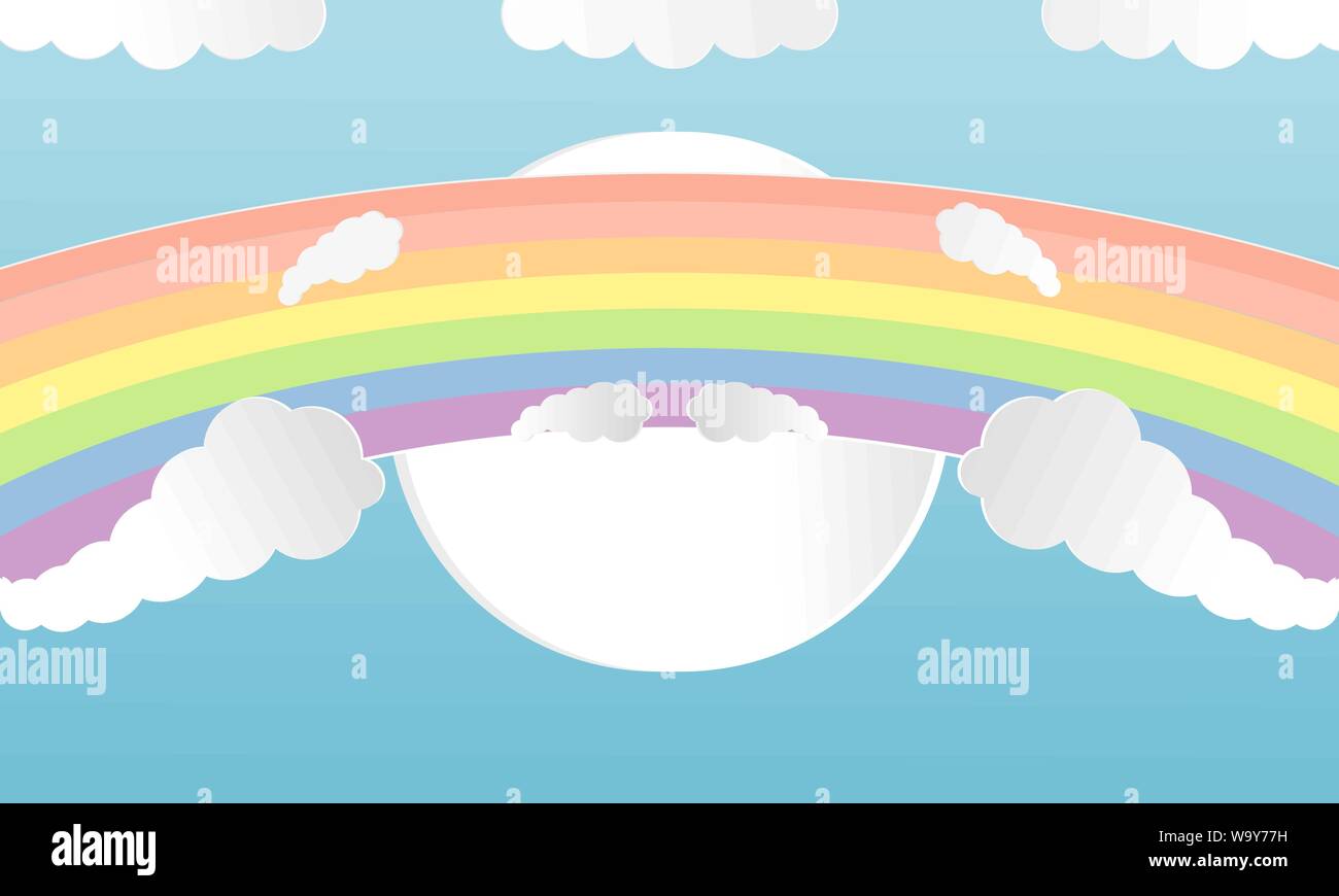 Summer colorful Clouds and Rainbow paper art cut style. Design vector illustration concept with Season summer on sky clear background Stock Vector