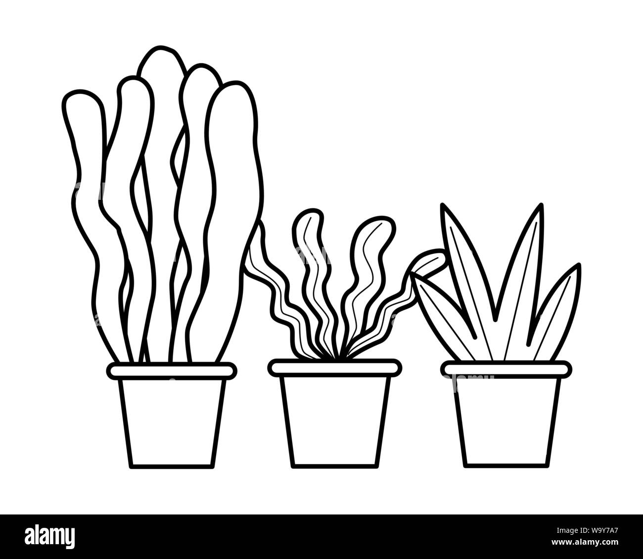 Decorative set of plant pots cartoons in black and white Stock Vector