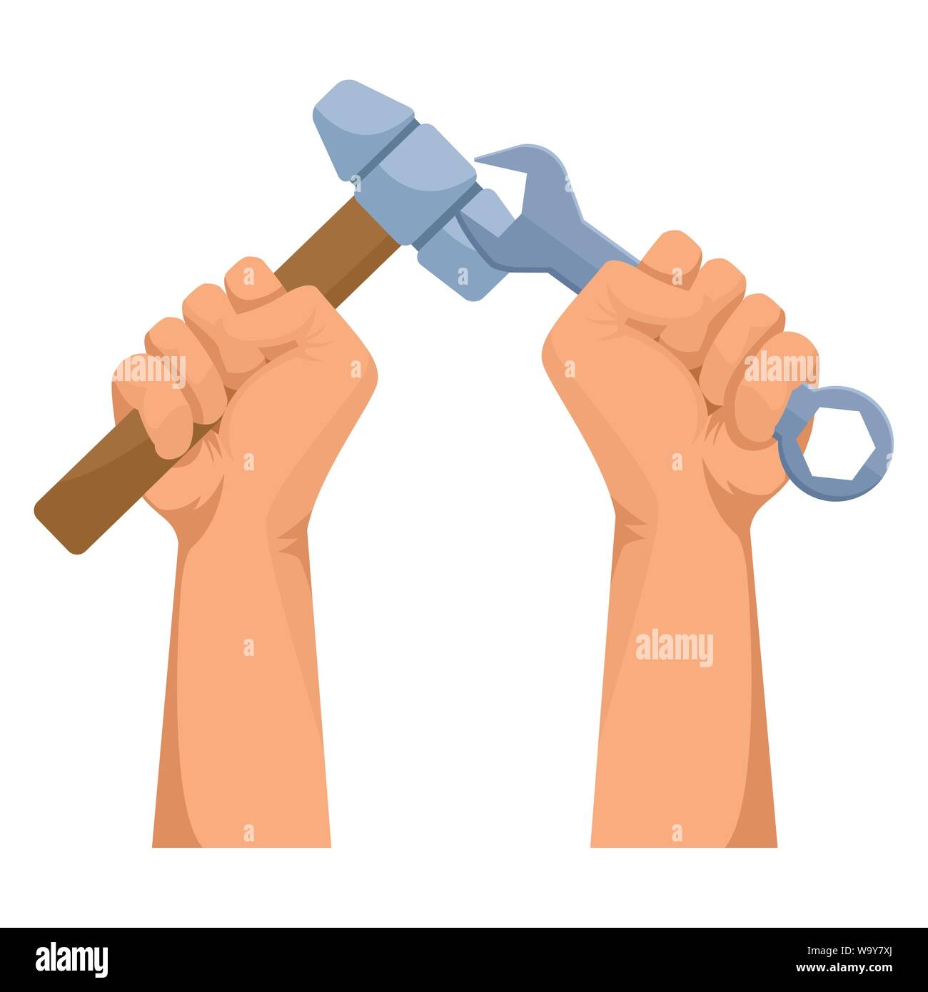 Construction workers hands holding tools Stock Vector