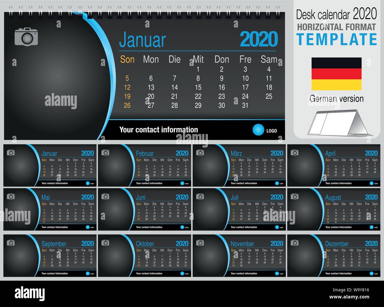 Useful Desk Triangle Calendar Templateon Black Background With Space To Place A Photo Size 22 Cm X 10 Cm Format Horizontal German Version Stock Vector Image Art Alamy