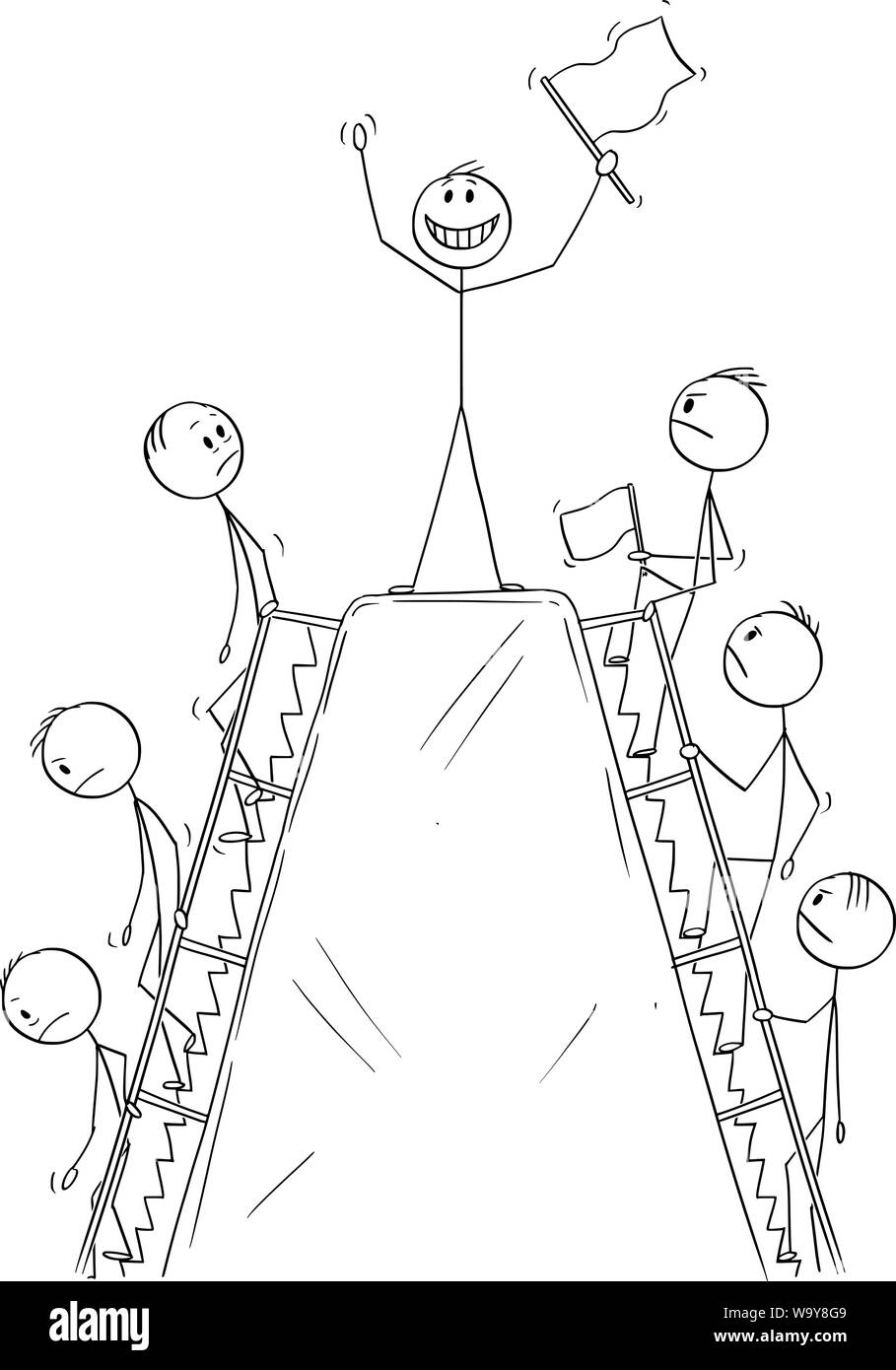 Vector cartoon stick figure drawing conceptual illustration of line of men, or businessmen climbing the hill to enjoy moment of success on the peak before going down. Stock Vector