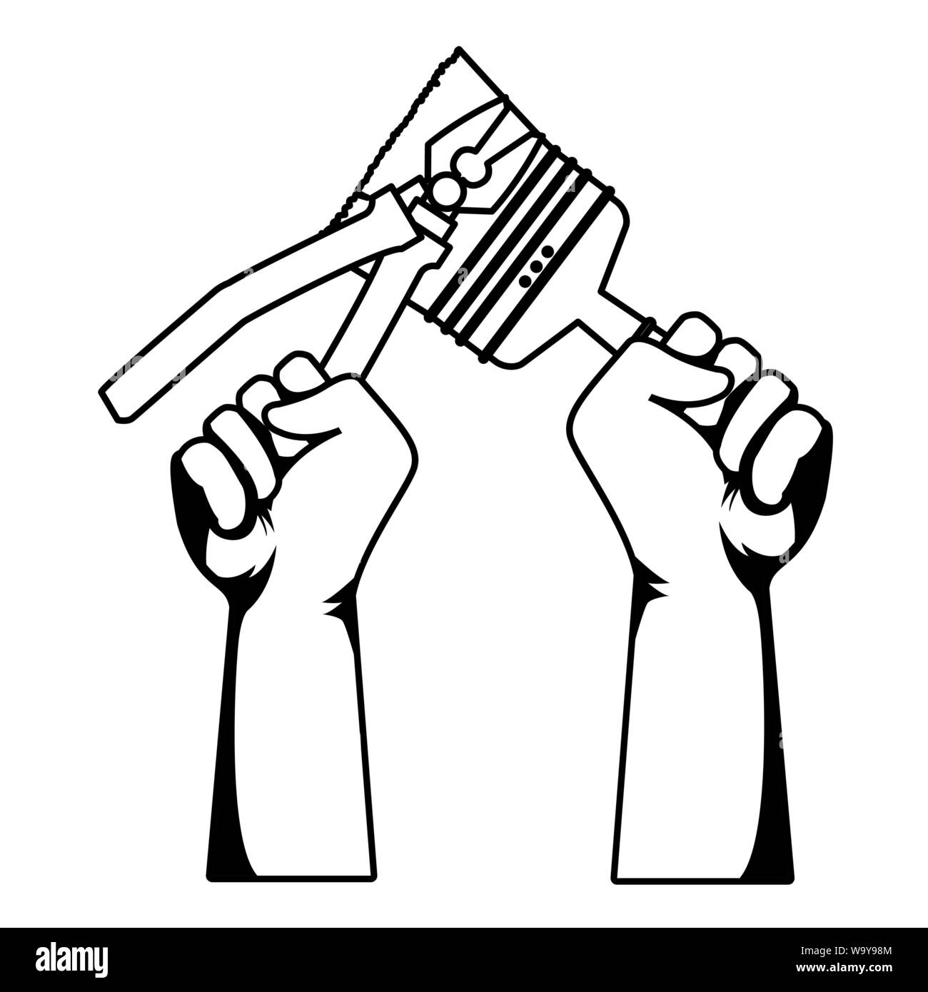 Construction workers hands holding tools in black and white Stock ...