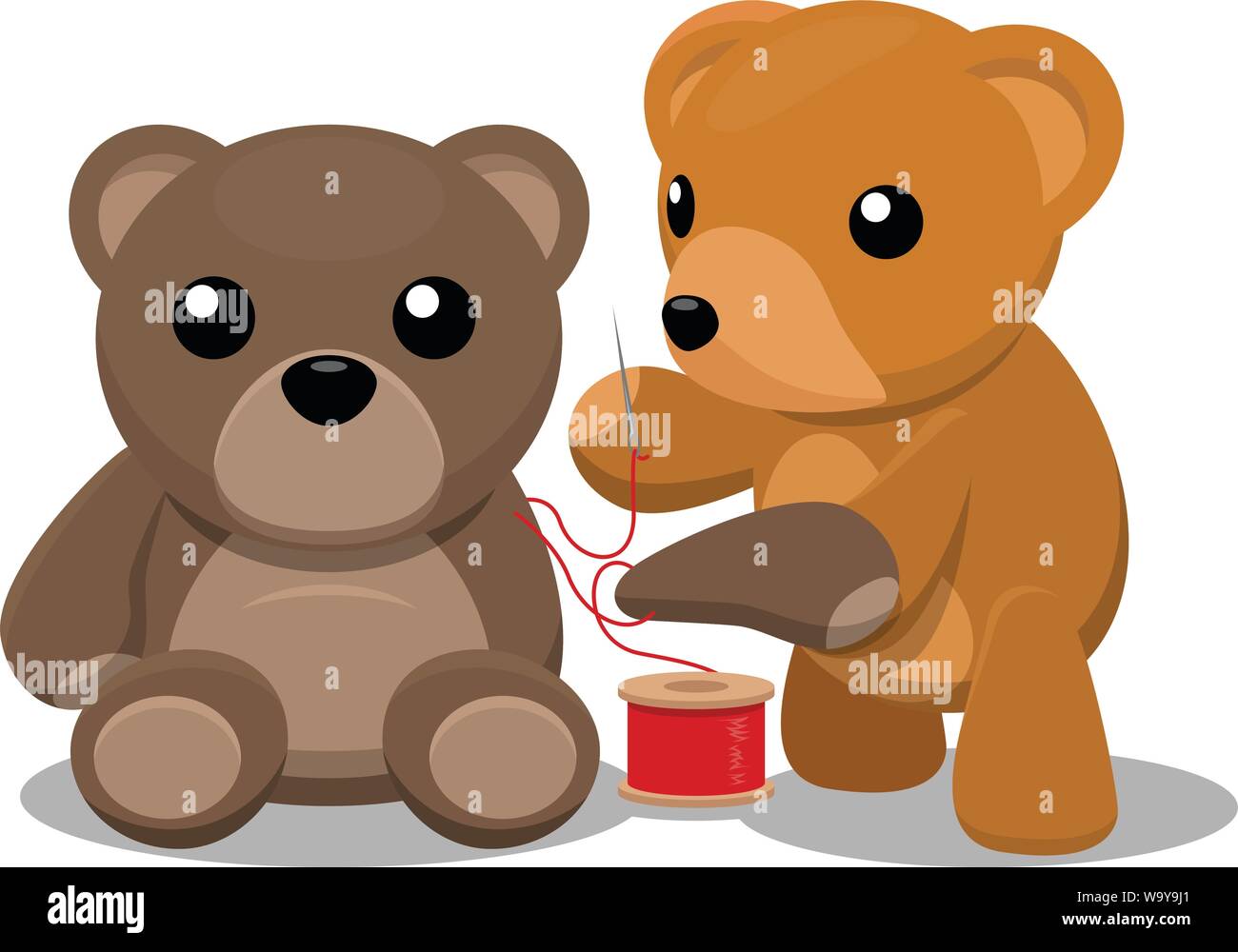 A caring teddy bear is sewing his best friend's arm back on with red thread Stock Vector