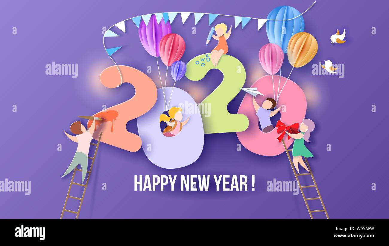 2019 New Year design card with kids on purple background. Vector illustration. Paper cut and craft style. Stock Vector