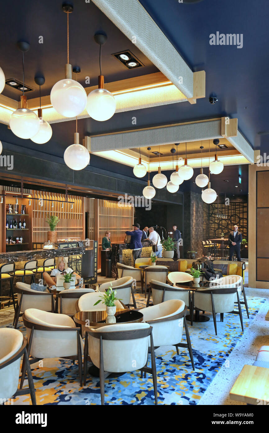 Bar and reception area at London's Nobu hotel in Shoreditch. First European site for the chain owned by chef Nobuyaki Matsuhisa and Robert DeNiro. Stock Photo