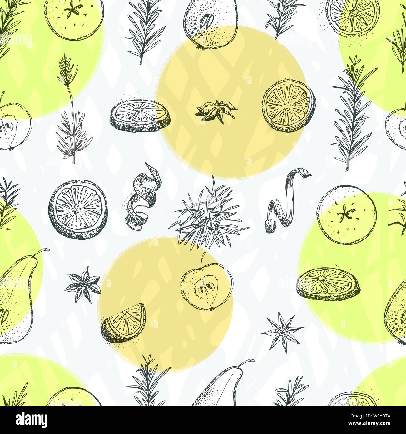 Seamless pattern with hand drawn Christmas winter spices, orange slices, pear, apple, rosemary. Good idea for templates menu, recipes, greeting cards. Stock Vector