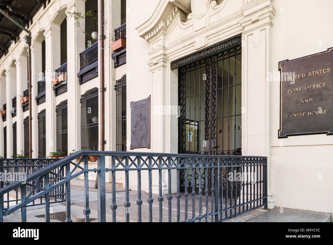 The entrance of Jose V. Toledo Federal Building and U.S. Courthouse built in 1914, serves as the United States District Court in San Juan, Puerto Rico. Stock Photo