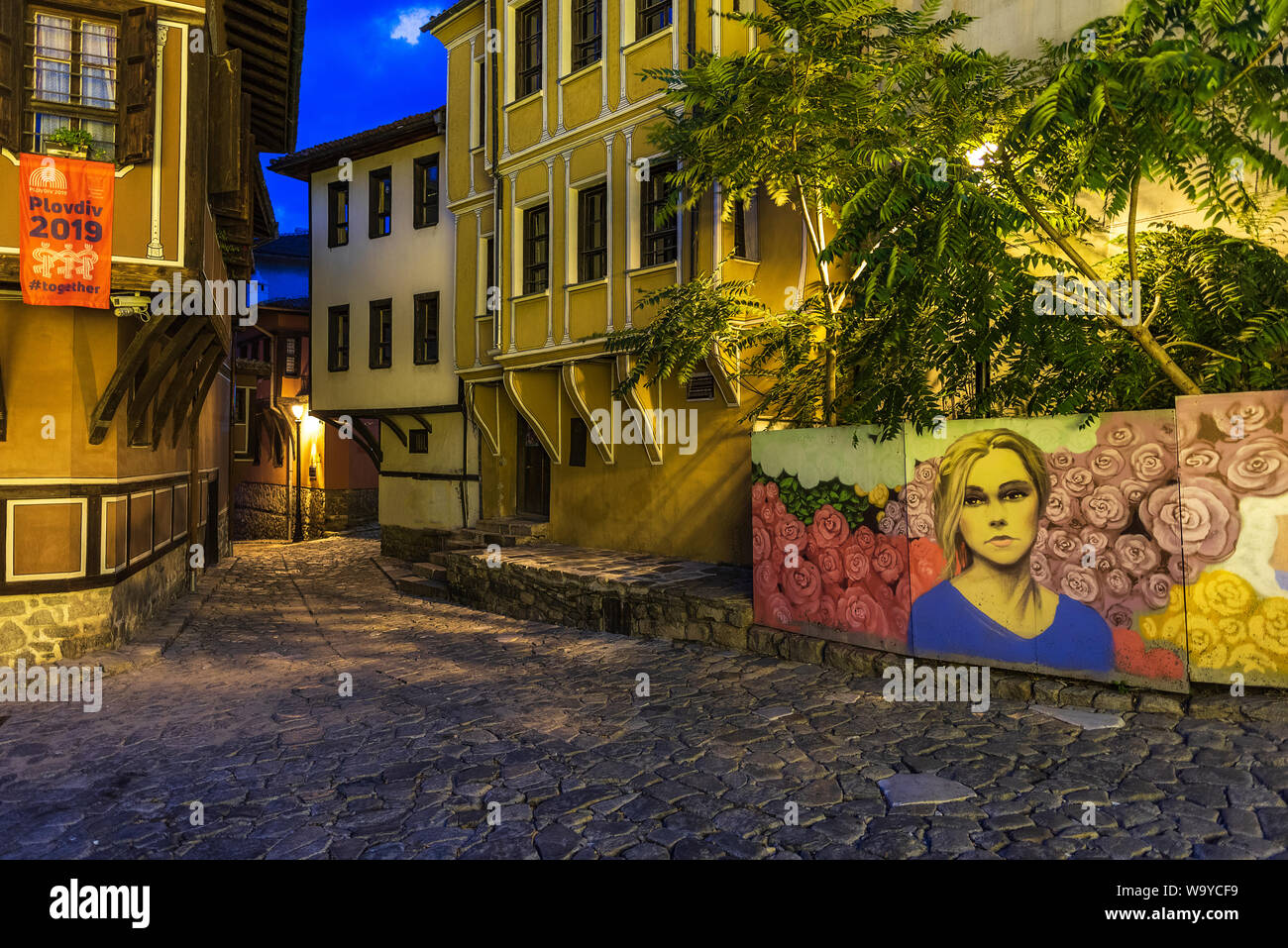 Houses from the period of Bulgarian Revival in old town of Plovdiv at night, Bulgaria. Ancient Plovdiv is UNESCO's World Heritage. Stock Photo