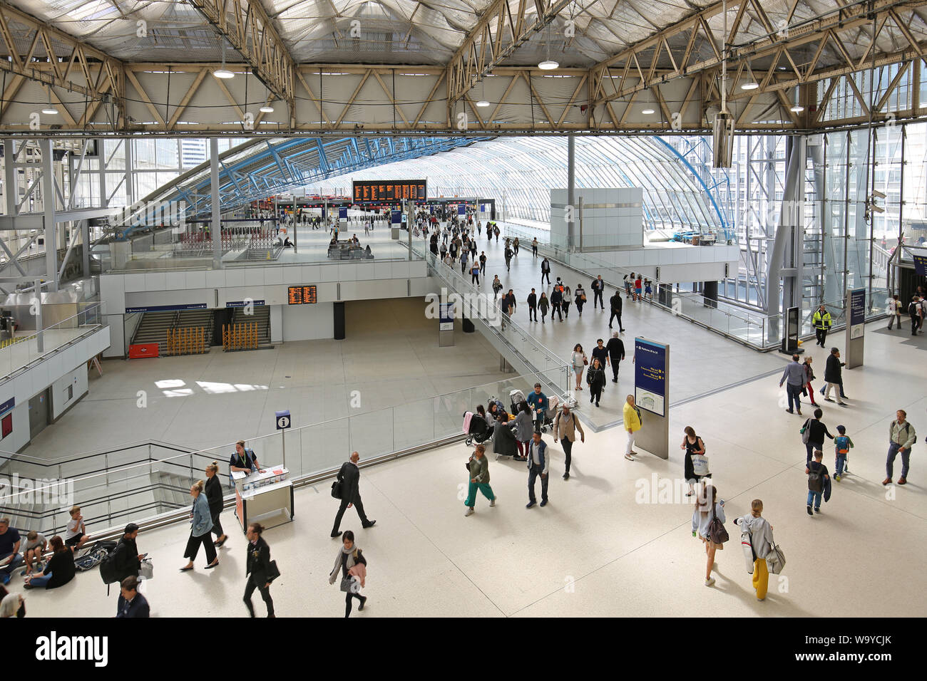 Approach bridge to the newly reopened (May 2019) platforms 20-24 at London's Waterloo Station - occupying the old Eurostar Terminal. Stock Photo