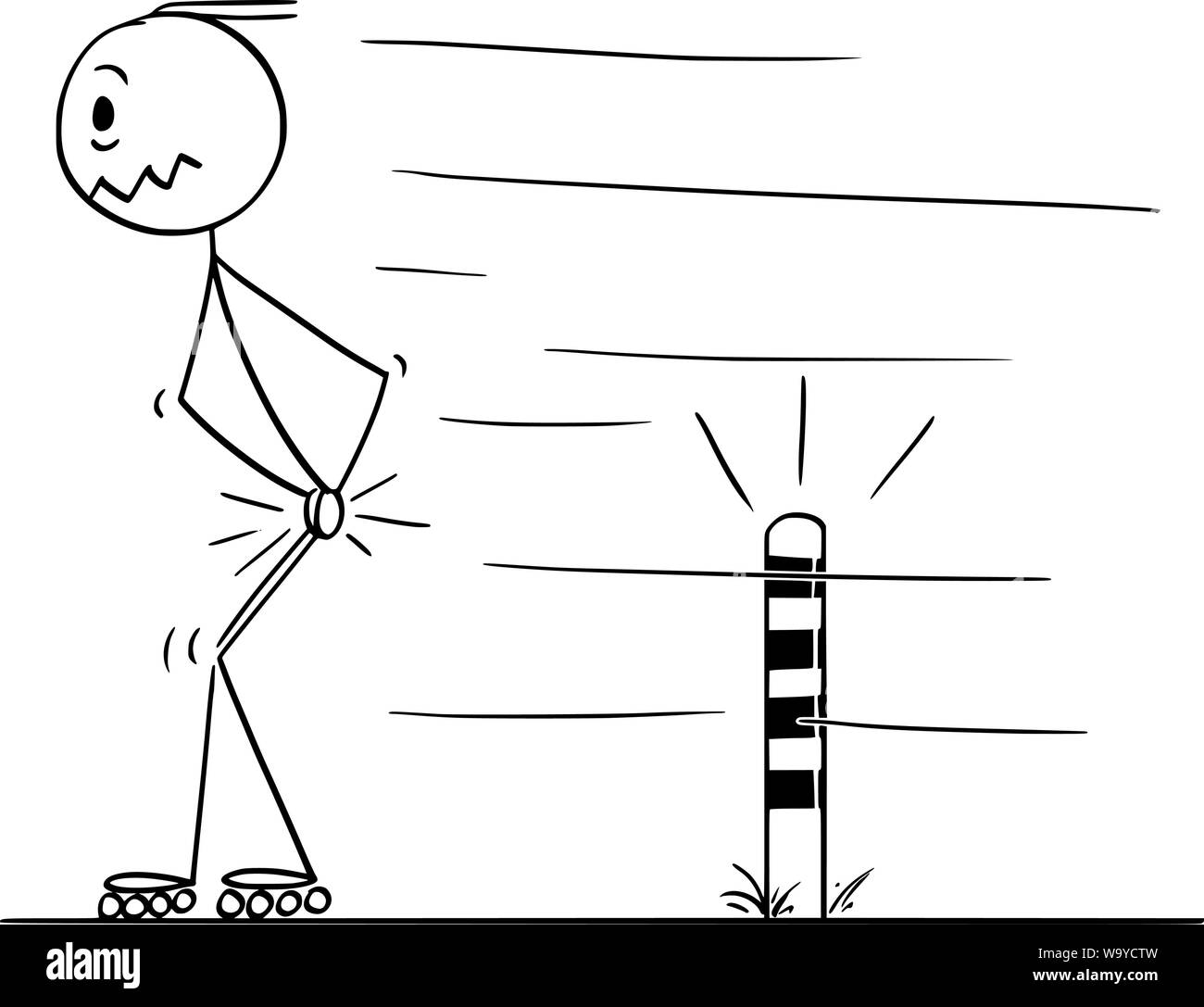 Vector cartoon stick figure drawing conceptual illustration of man skating on inline skates, and painfully hit his testicles when passing small post on the road. Stock Vector
