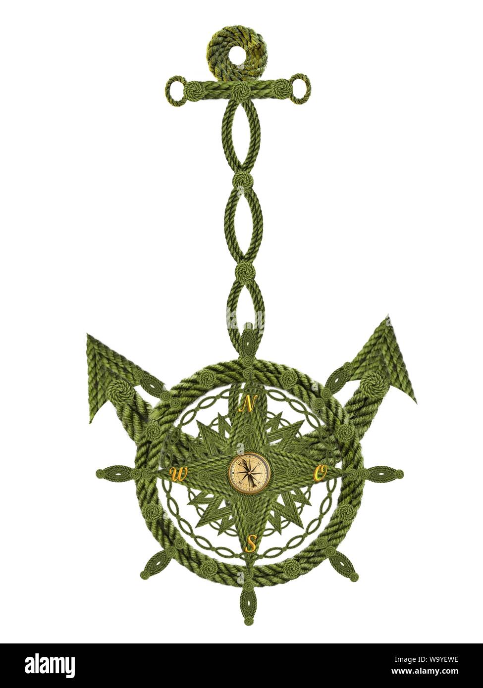 Compass anchor steering wheel globe wind rose made of ropes Stock Photo ...