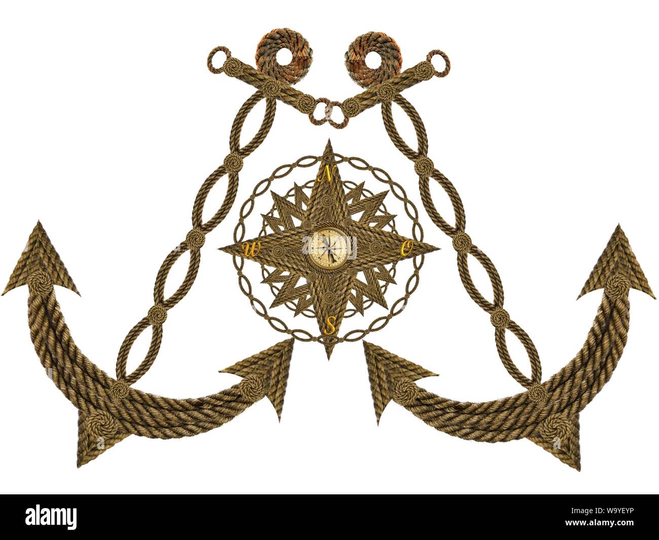 Compass anchor steering wheel globe wind rose made of ropes Stock Photo ...