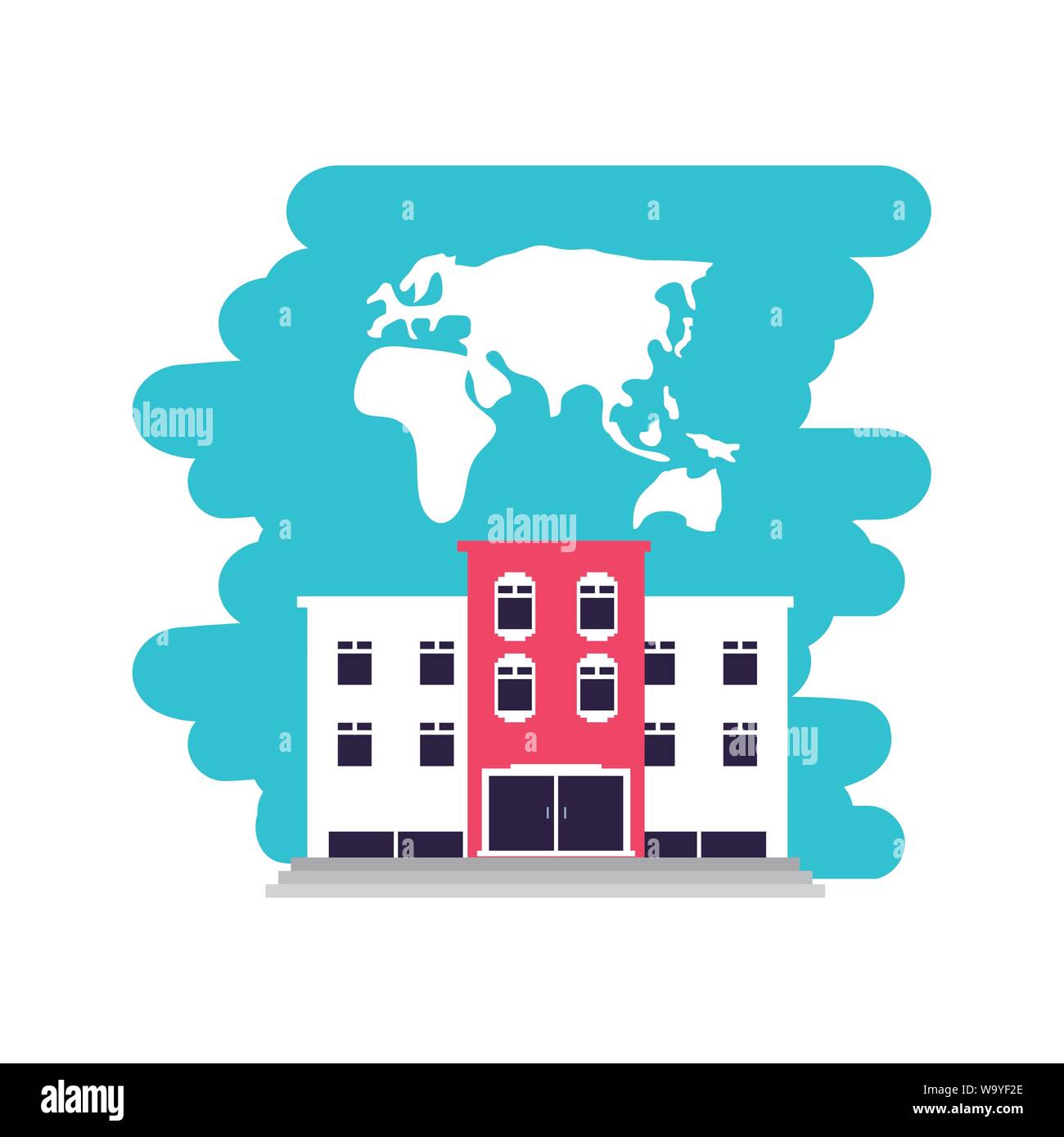 hotel building place with map of continent vector illustration design Stock Vector