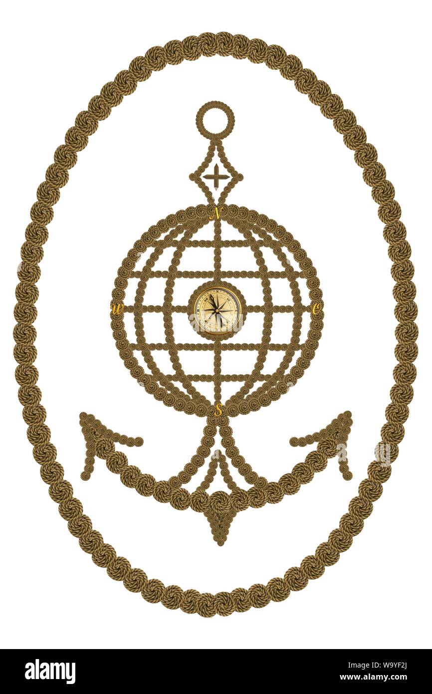 Compass anchor steering wheel globe wind rose made of ropes Stock Photo ...