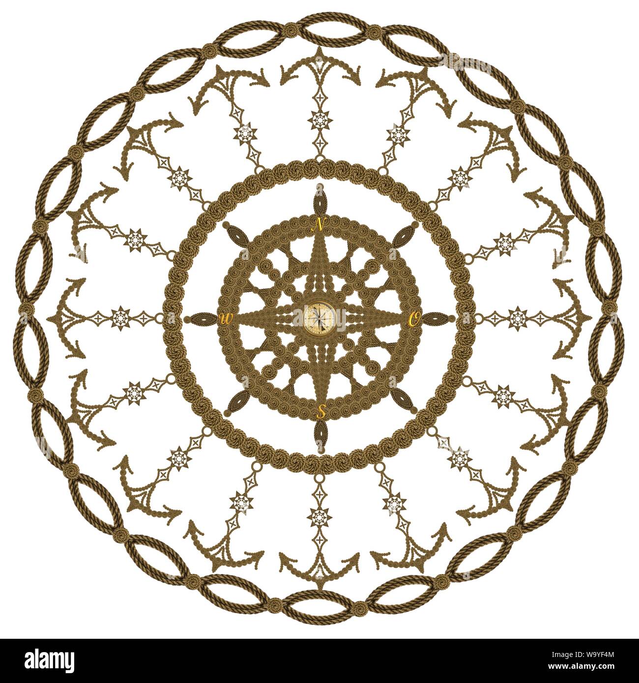 Compass anchor steering wheel globe wind rose made of ropes Stock Photo ...