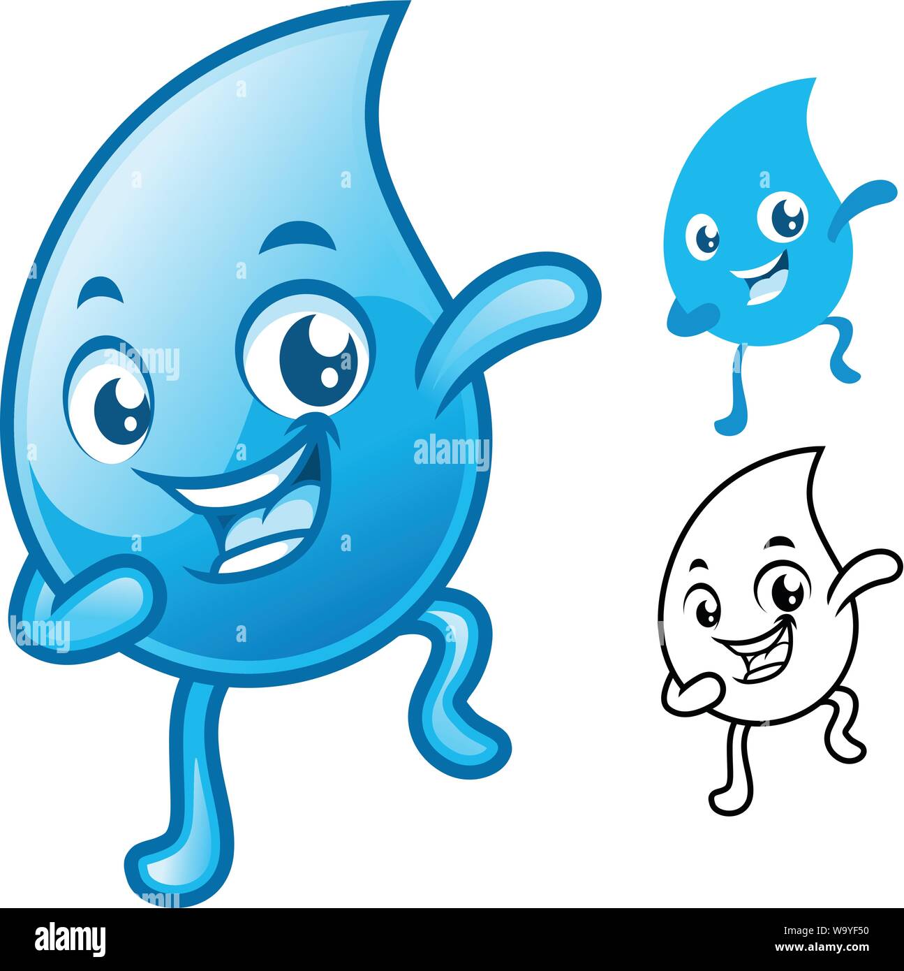 Happy Water Drop Cartoon Character Design, Including Flat and Line Art