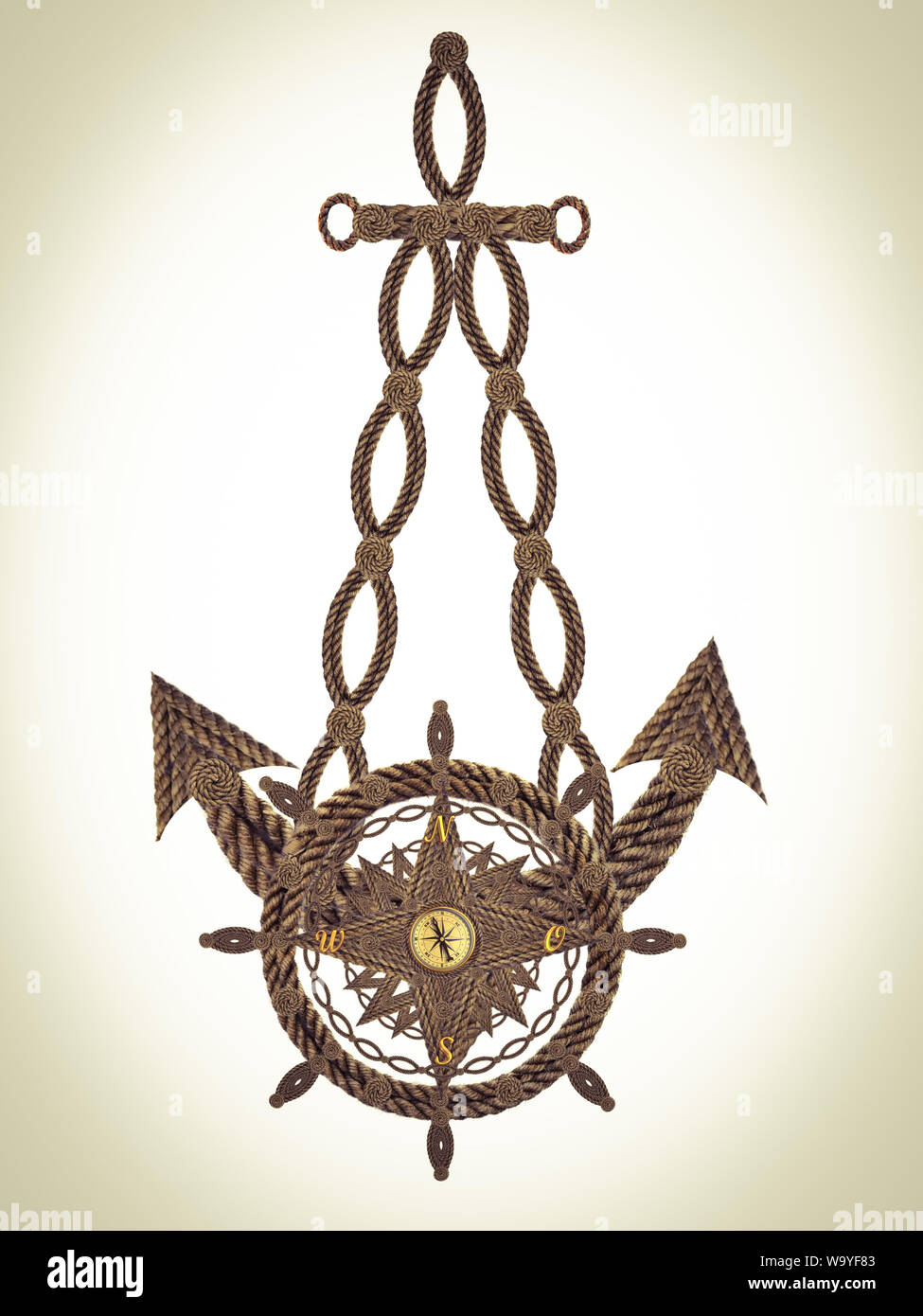 Compass anchor steering wheel globe wind rose made of ropes Stock Photo ...