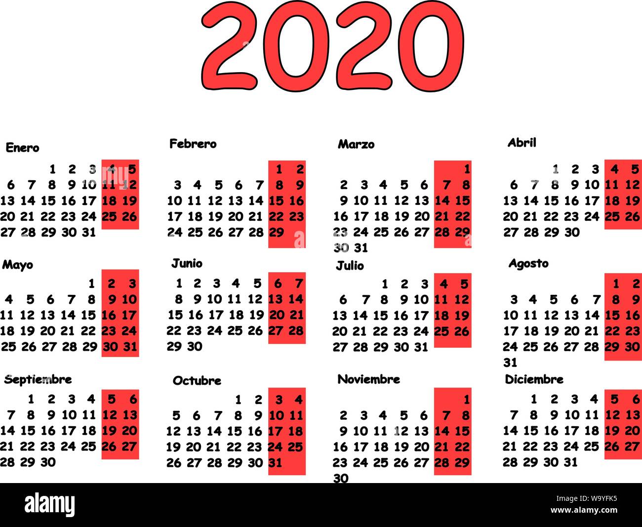 Calendar 2020 grid spanish language. Monthly planning for year. Illustration for calendar design. Stock Vector