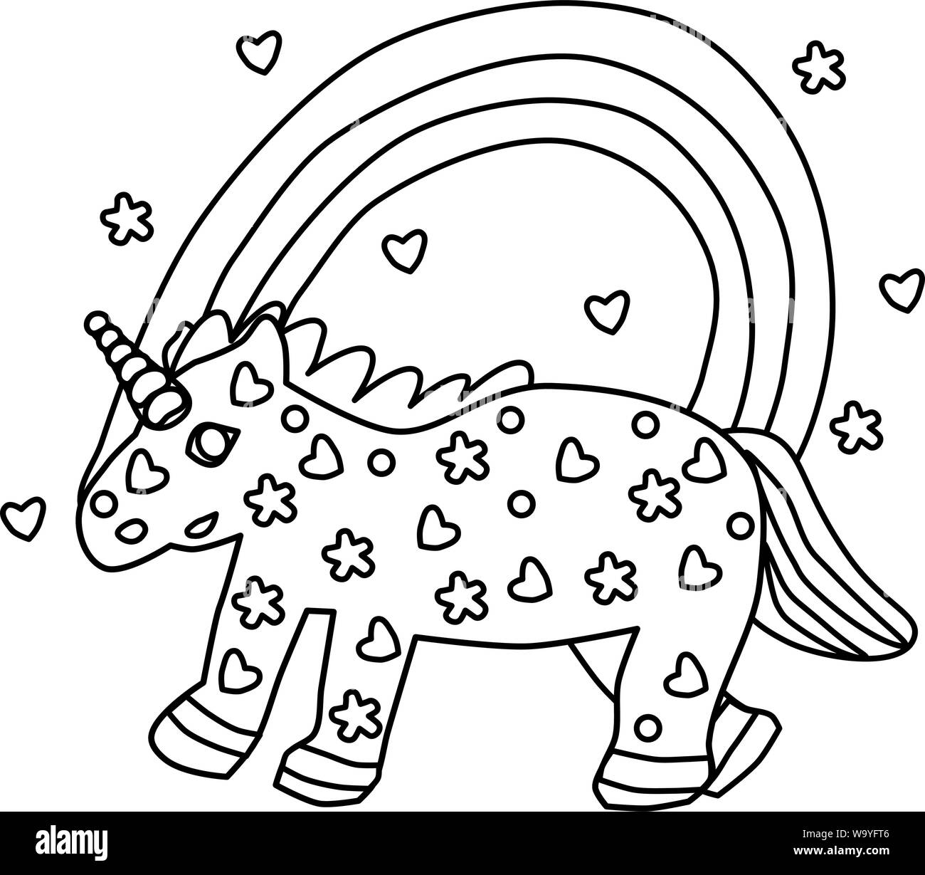 Coloring book unicorn and rainbow. White drawing for kids. Children's creative coloring. Fairytale character. Stock Vector