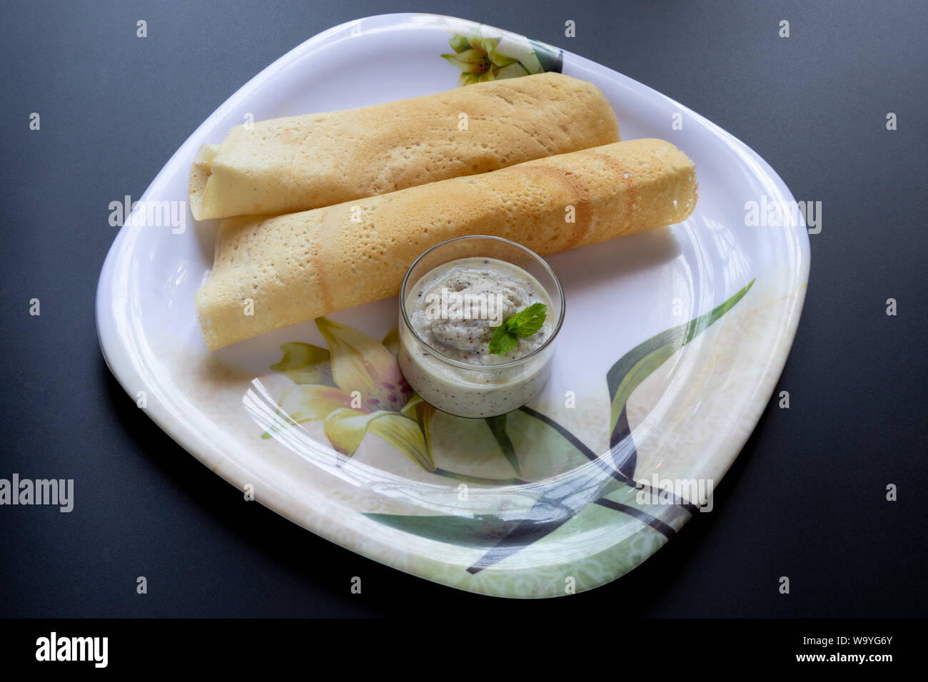 Masala Dosa with Coconut Chutney, South Indian Meal Served with Coconut