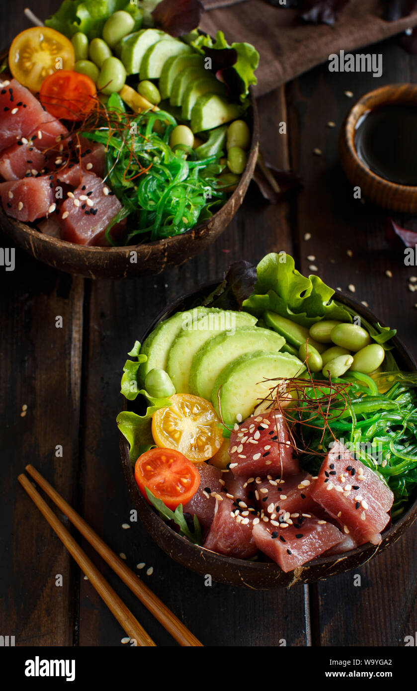 Hawaiian tuna poke salad in the bowl close up Stock Photo