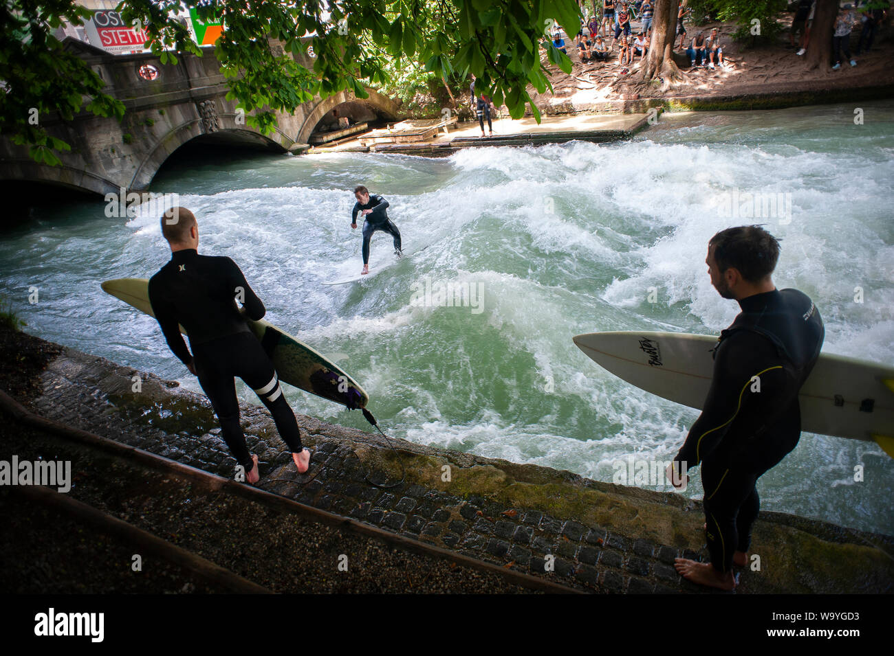 Surfing The The Eisbachwelle Munich Bavaria Germany Stock Photo