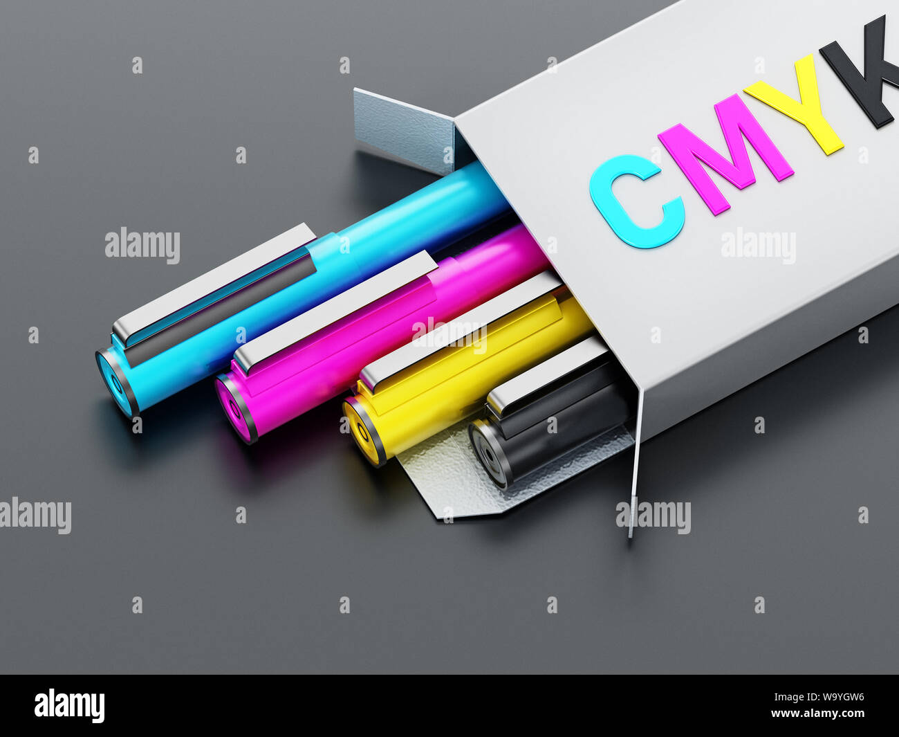 CMYK color pens inside white box. 3D illustration. Stock Photo