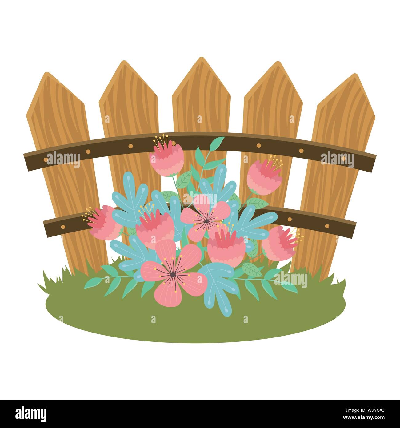 Flowers in front of fence design, floral nature plant ornament garden
