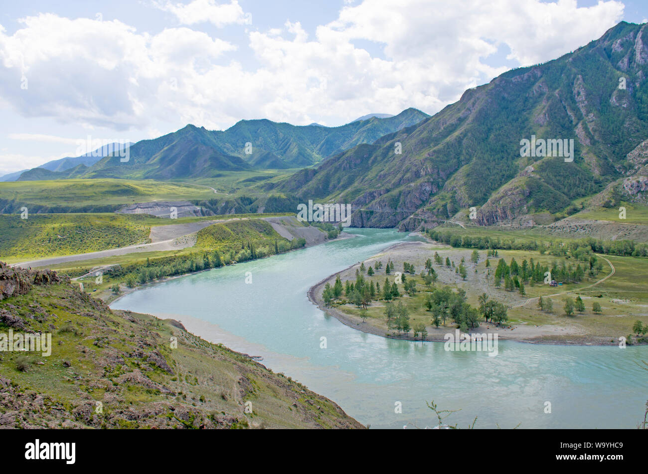 Landscape confluence of Chuya River and Katun River on Altai in Russia among mountains Stock Photo