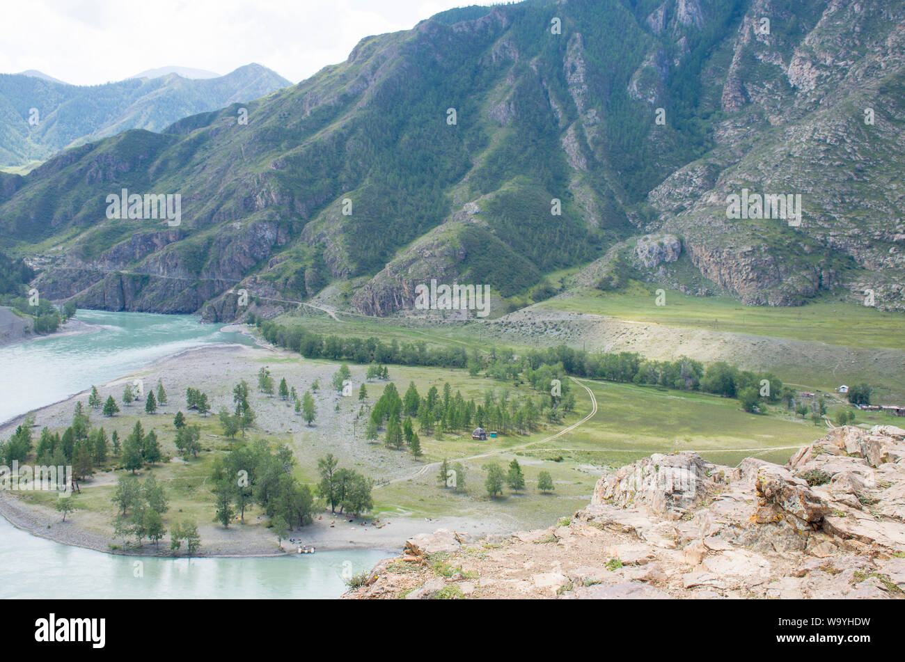 Landscape confluence of Chuya River and Katun River on Altai in Russia among mountains Stock Photo