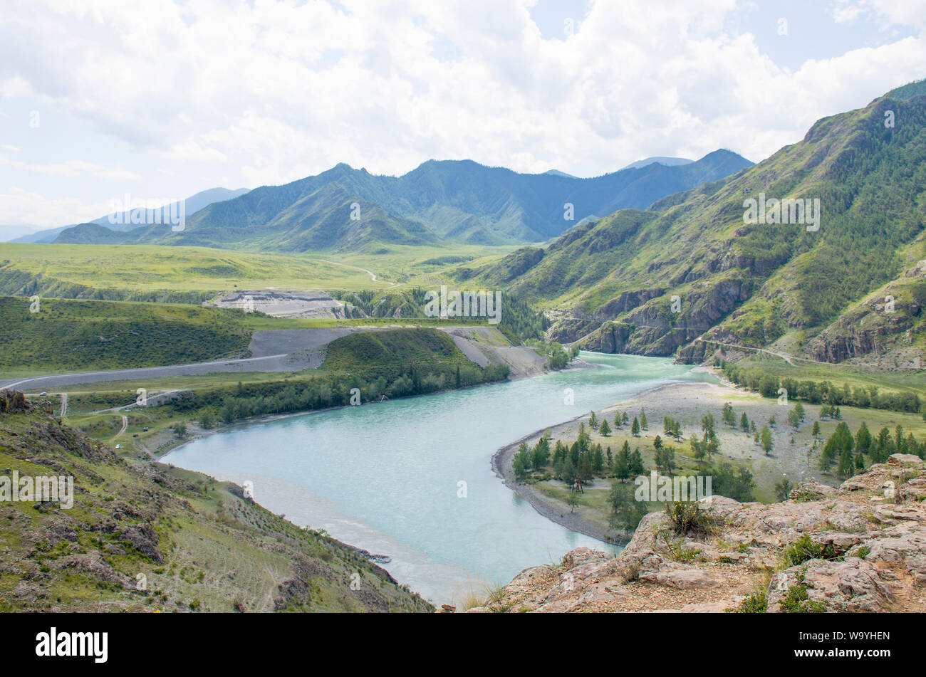 Landscape confluence of Chuya River and Katun River on Altai in Russia among mountains Stock Photo