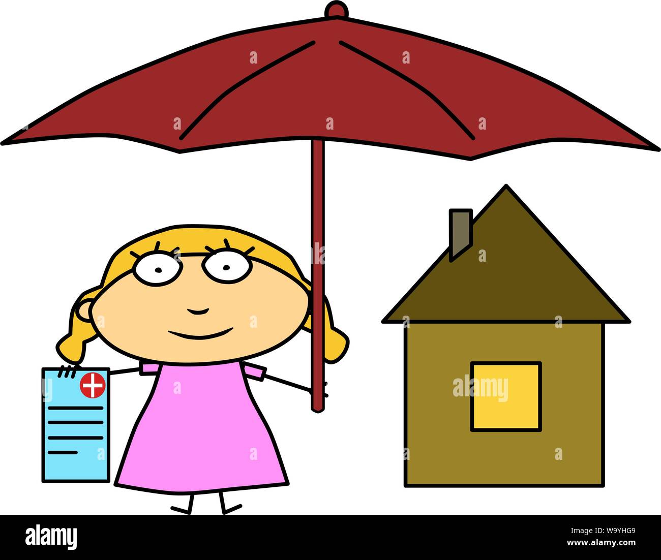 Insurance concept. Colorful illustration. Real estate concept. Girl and umbrella. House and document, sheet. Medical support. Protection of life and h Stock Vector