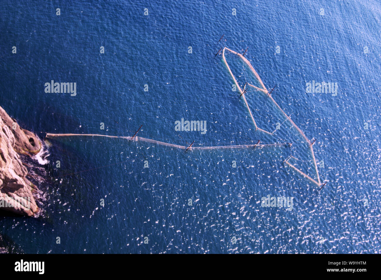 Pound net; stationary fish trap, kiddle in sea, Top view Stock Photo
