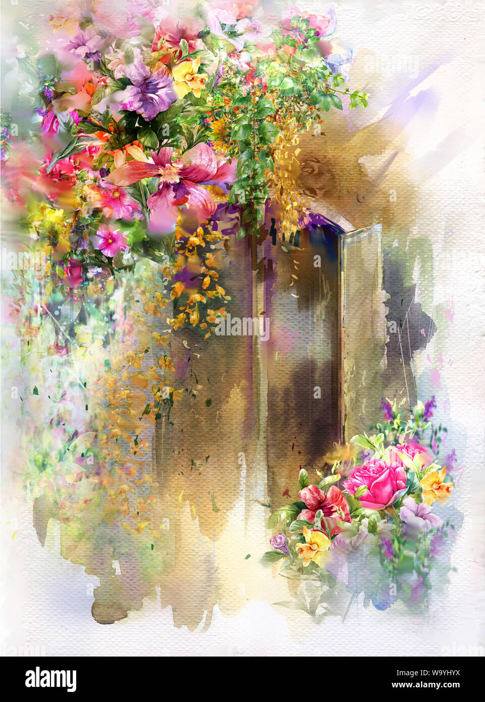 Abstract colorful flowers watercolor painting. Spring multicolored in