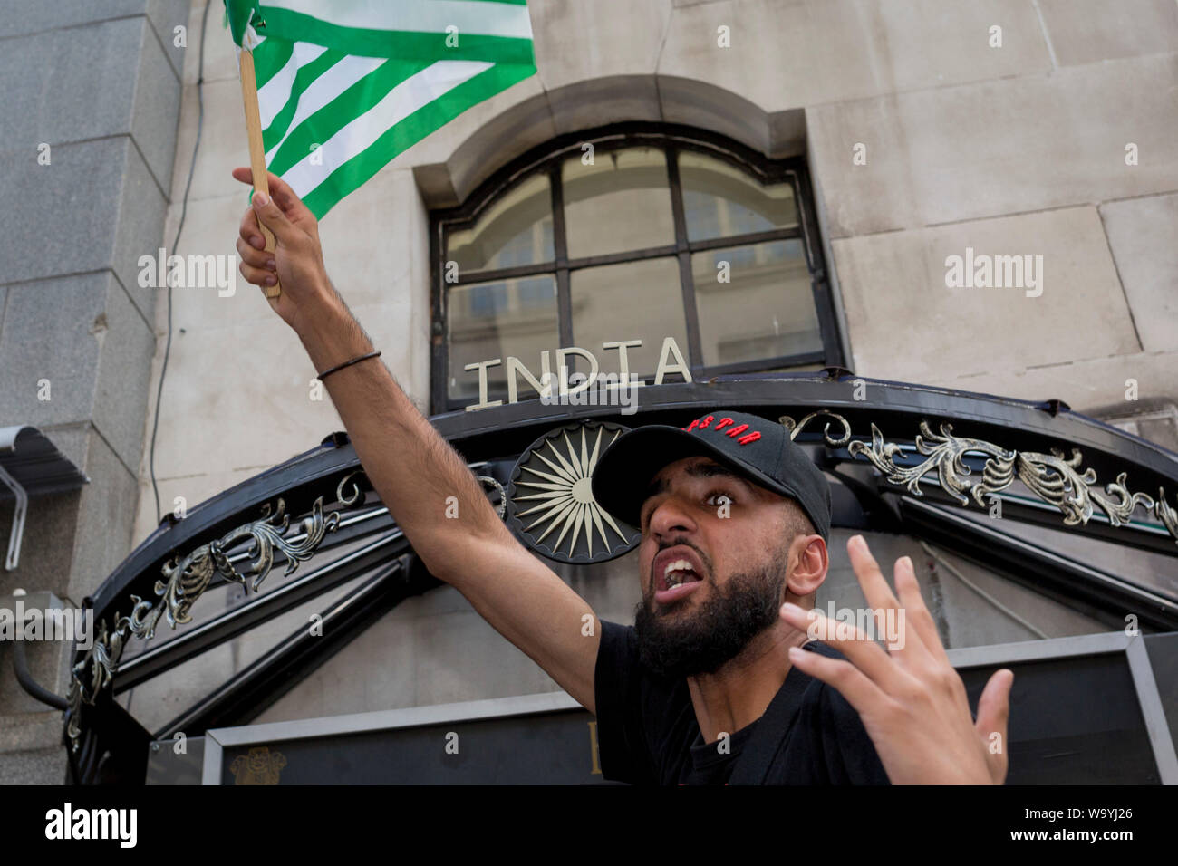 As Indians celebrate their Independence Day, Kashmiris and Pakistanis protest outside India House, the Indian High Commission in London's Aldwych, about Indian PM Narendra Modi's recent decision to strip Indian-administered Kashmir of its special status, London, on 15th August 2019, in London, England. Stock Photo