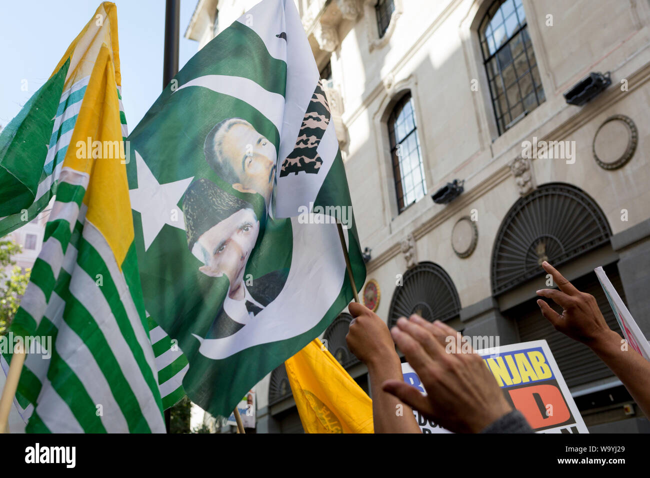 As Indians celebrate their Independence Day, Kashmiris and Pakistanis protest outside India House, the Indian High Commission in London's Aldwych, about Indian PM Narendra Modi's recent decision to strip Indian-administered Kashmir of its special status, London, on 15th August 2019, in London, England. Stock Photo