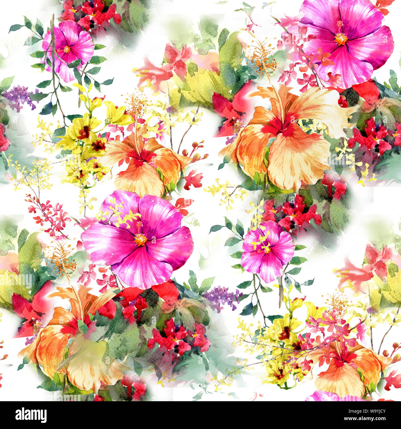 Watercolor painting of leaf and flowers, seamless pattern on white ...