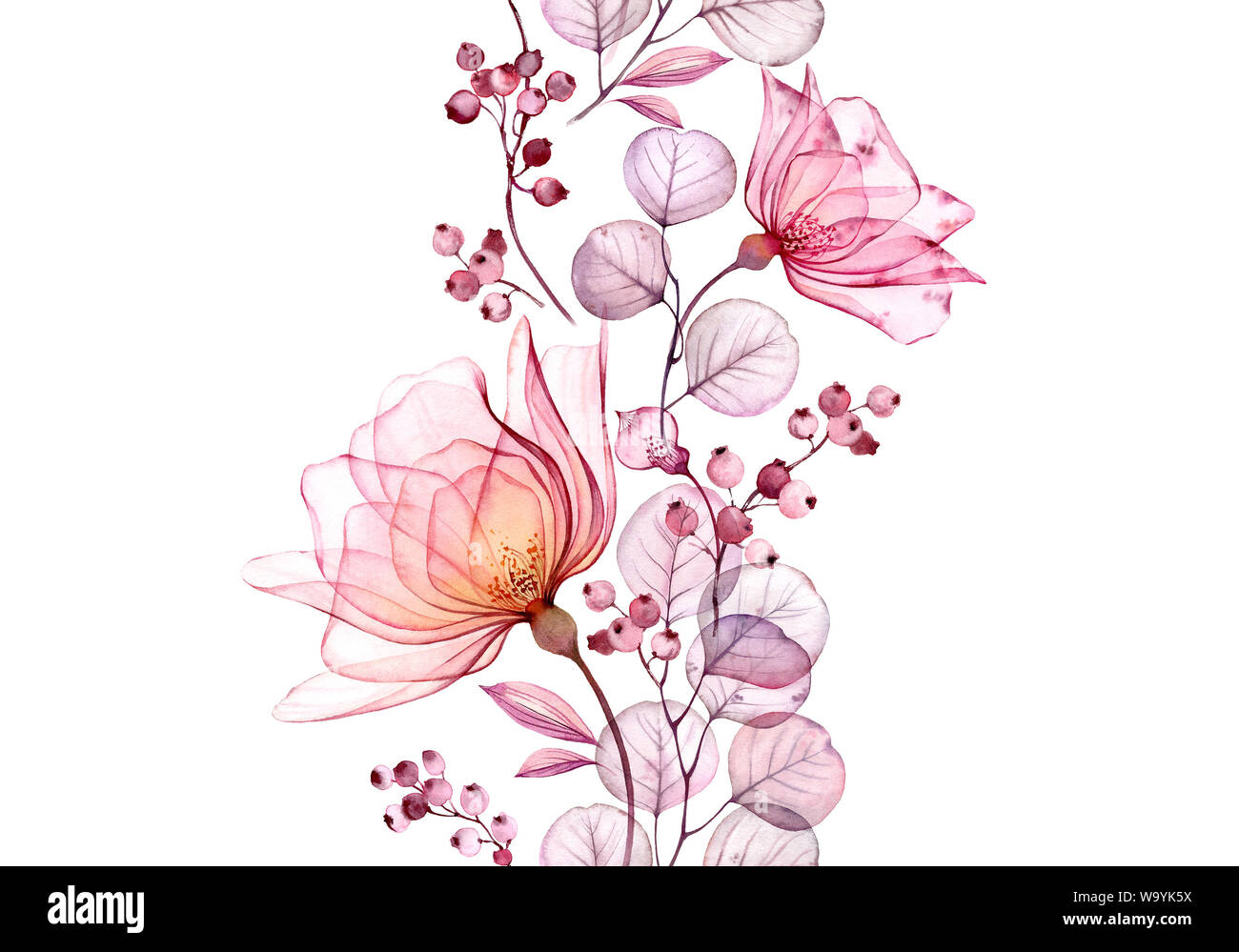 Transparent watercolor rose. Seamless vertical border floral illustration. Isolated hand drawn arrangement with berries for wedding design, stationery Stock Photo