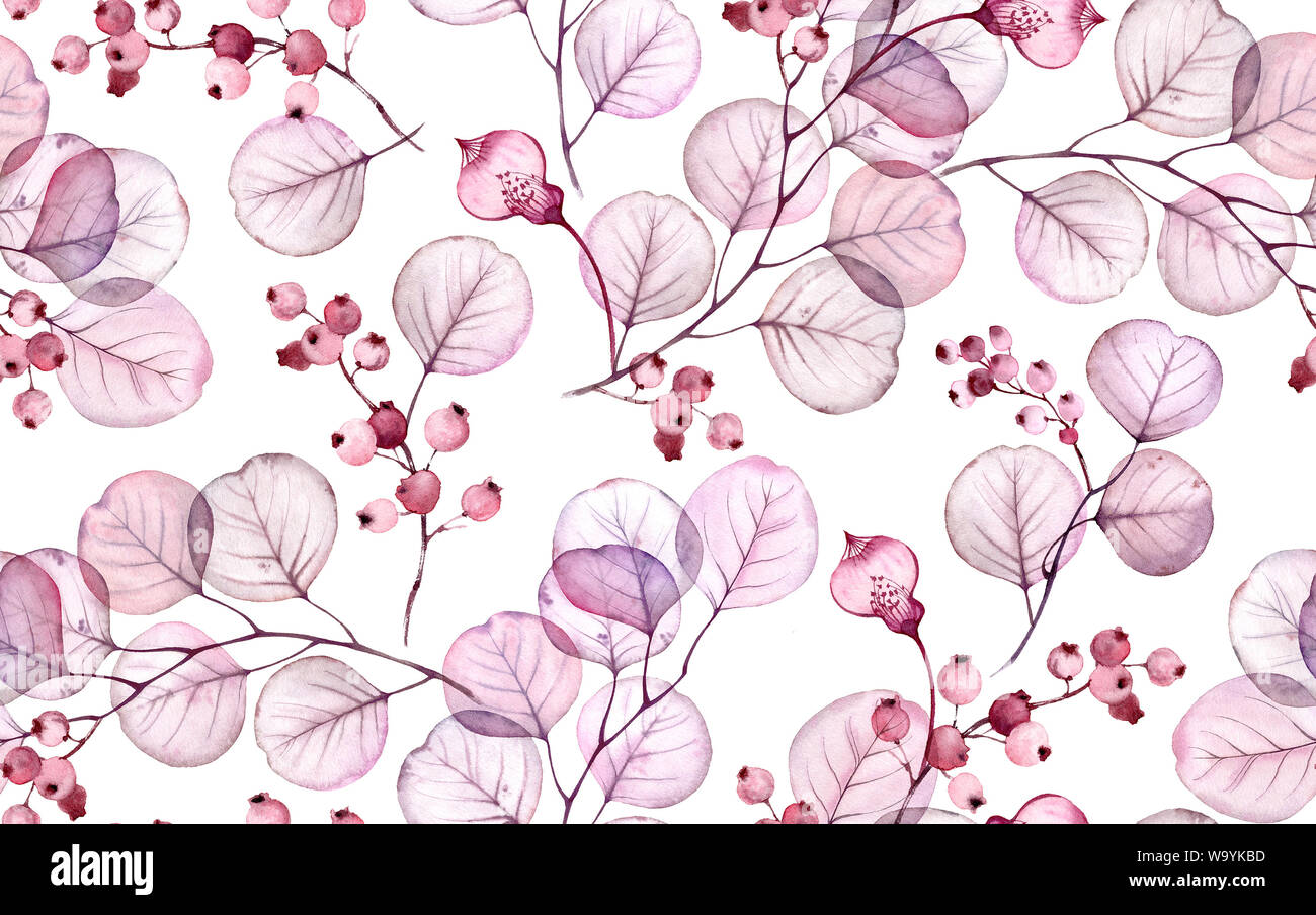 Transparent leaves watercolor seamless pattern. Hand drawn floral illustration with pink berries for wedding design, surface, textile, wallpaper Stock Photo