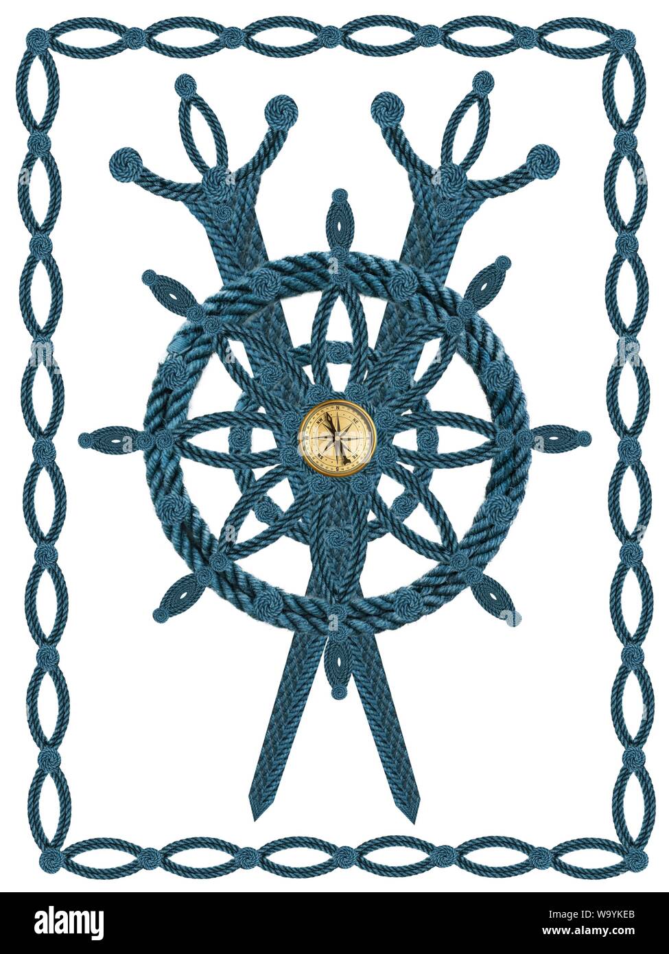 Compass steering wheel and sword aua old ropes Stock Photo