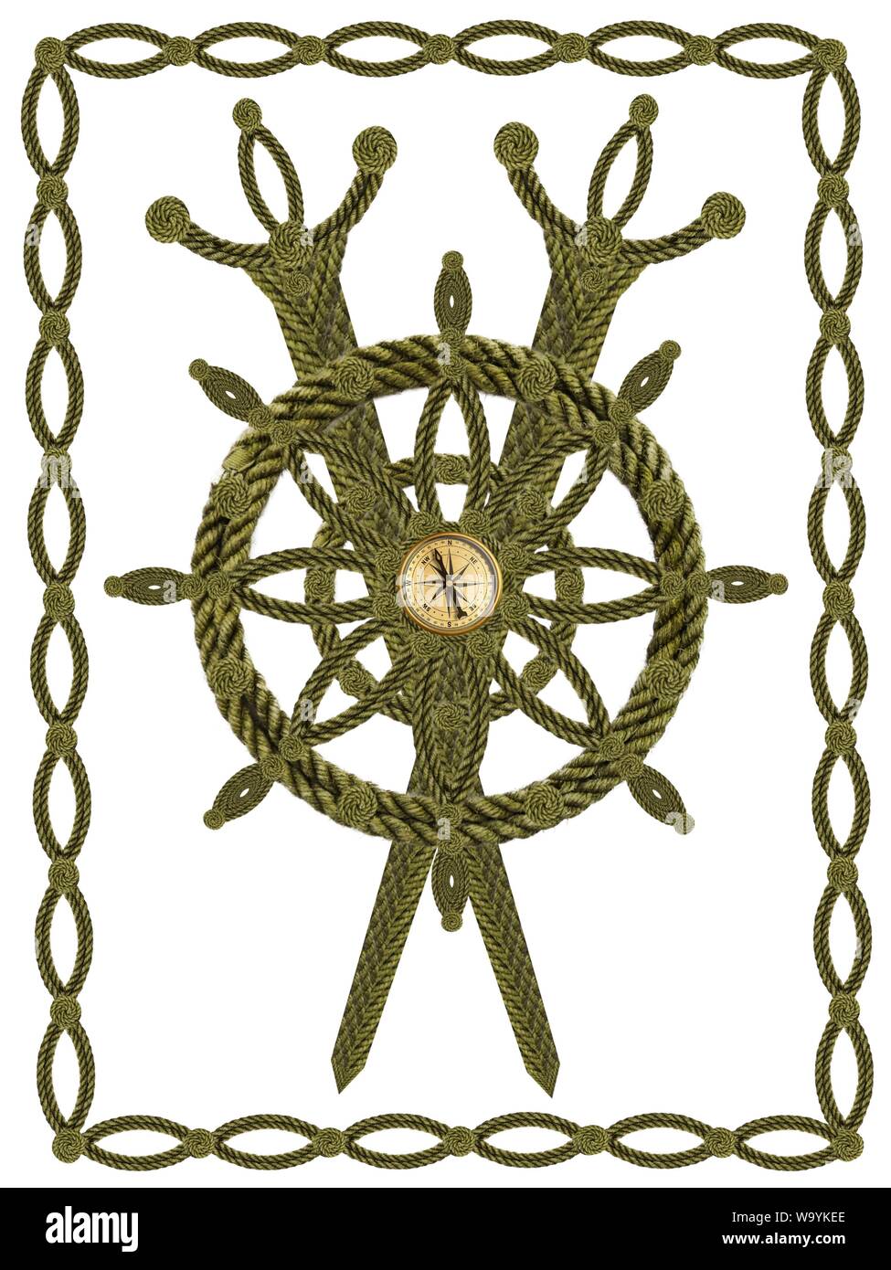 Compass steering wheel and sword aua old ropes Stock Photo