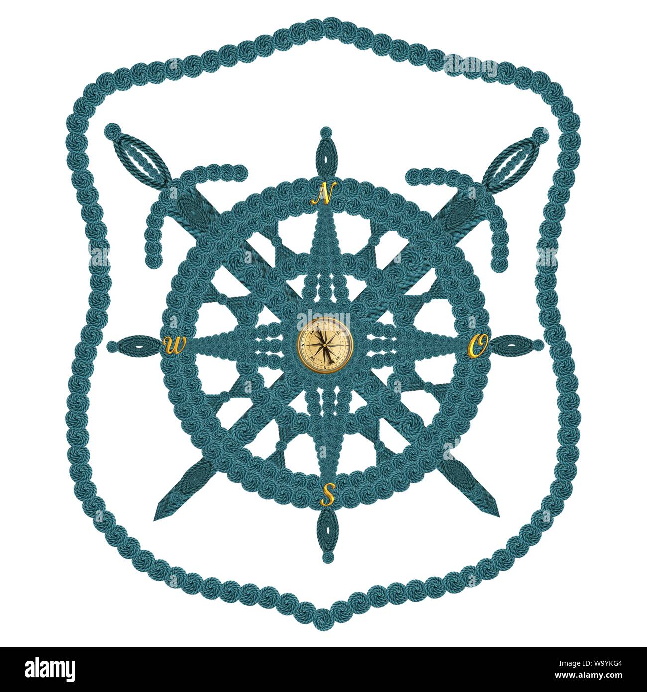 Compass steering wheel and sword aua old ropes Stock Photo