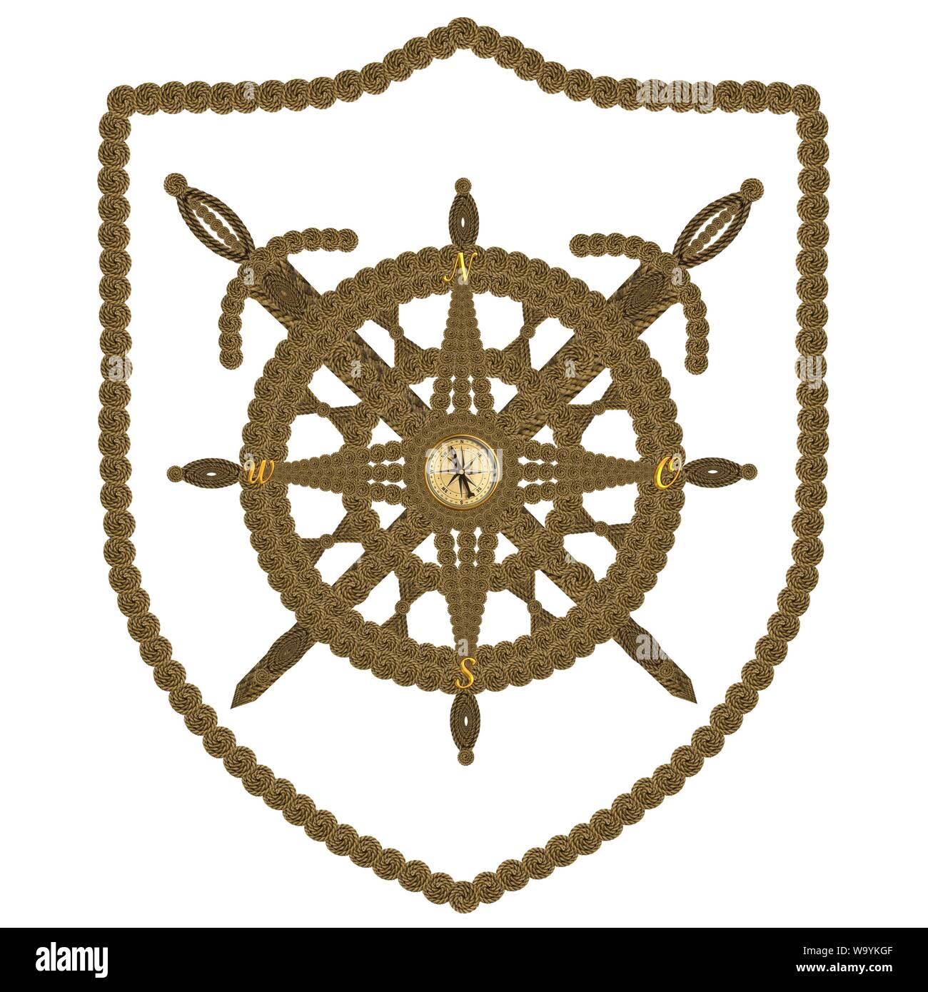 Compass steering wheel and sword aua old ropes Stock Photo