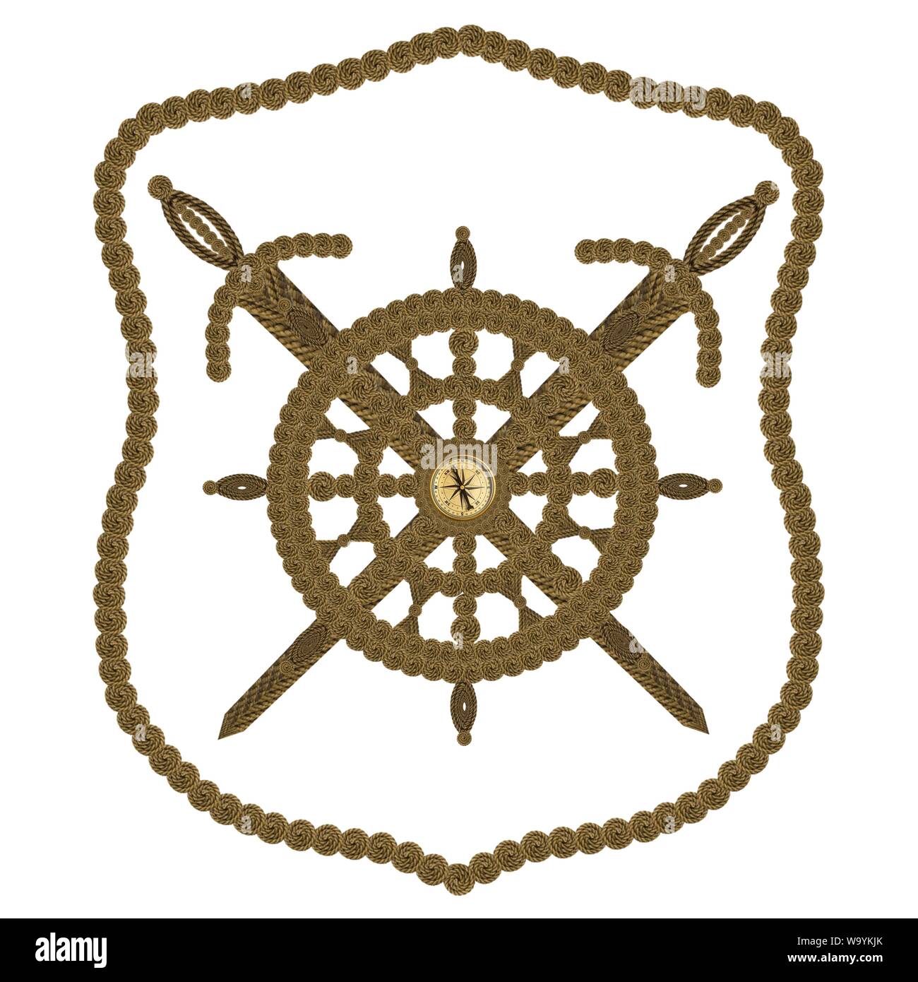 Compass steering wheel and sword aua old ropes Stock Photo