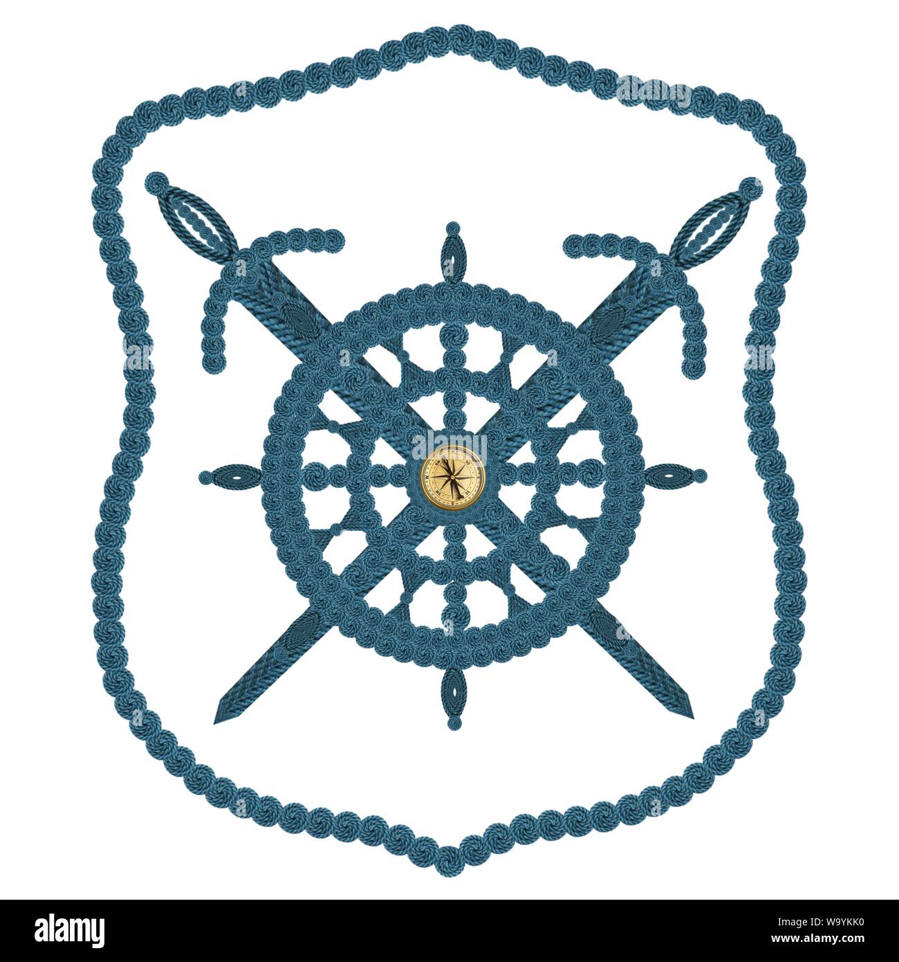 Compass steering wheel and sword aua old ropes Stock Photo