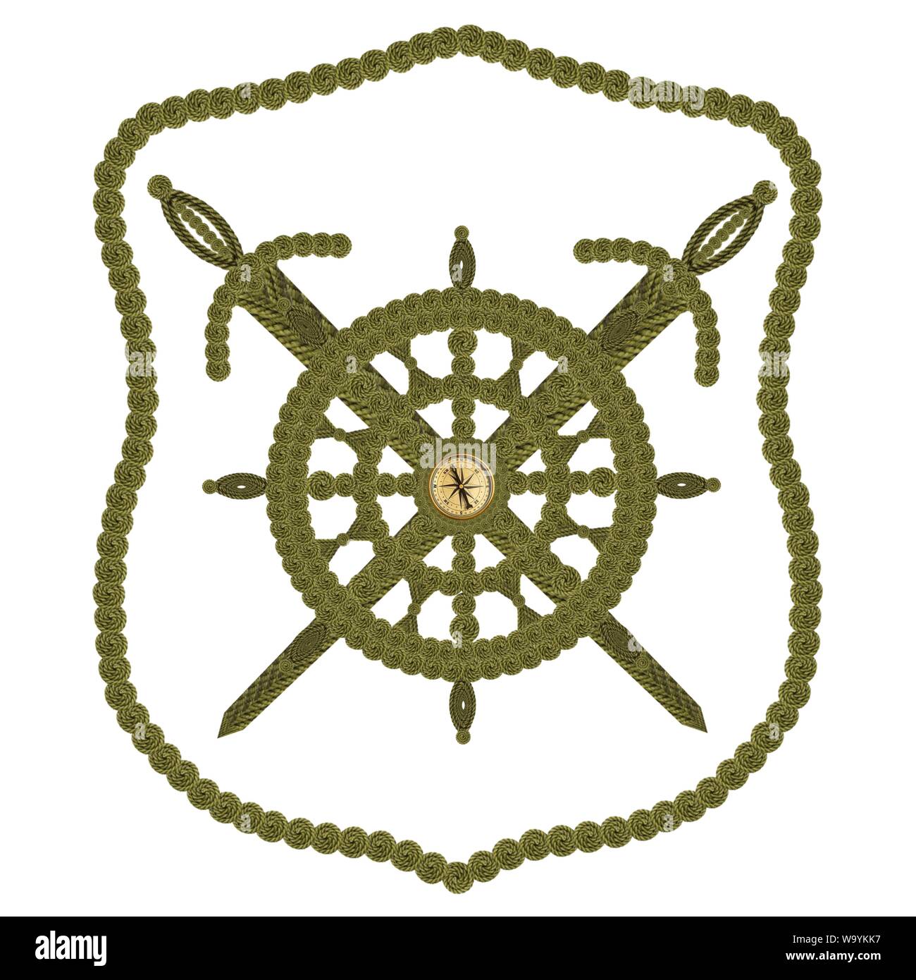 Compass steering wheel and sword aua old ropes Stock Photo
