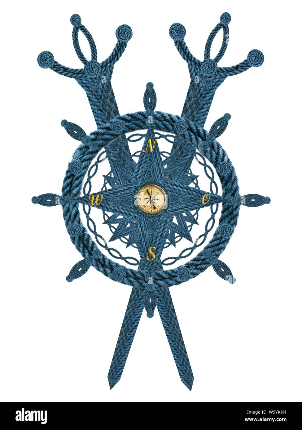 Compass steering wheel and sword aua old ropes Stock Photo